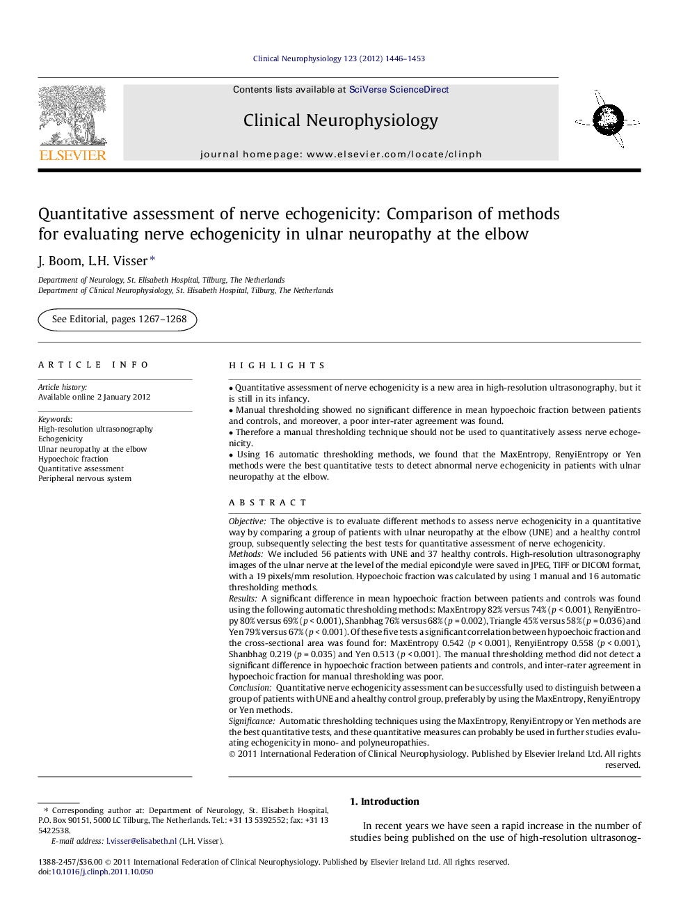 Quantitative assessment of nerve echogenicity: Comparison of methods for evaluating nerve echogenicity in ulnar neuropathy at the elbow