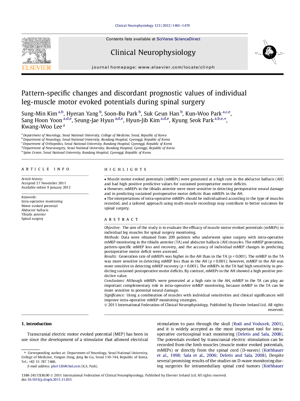 Pattern-specific changes and discordant prognostic values of individual leg-muscle motor evoked potentials during spinal surgery