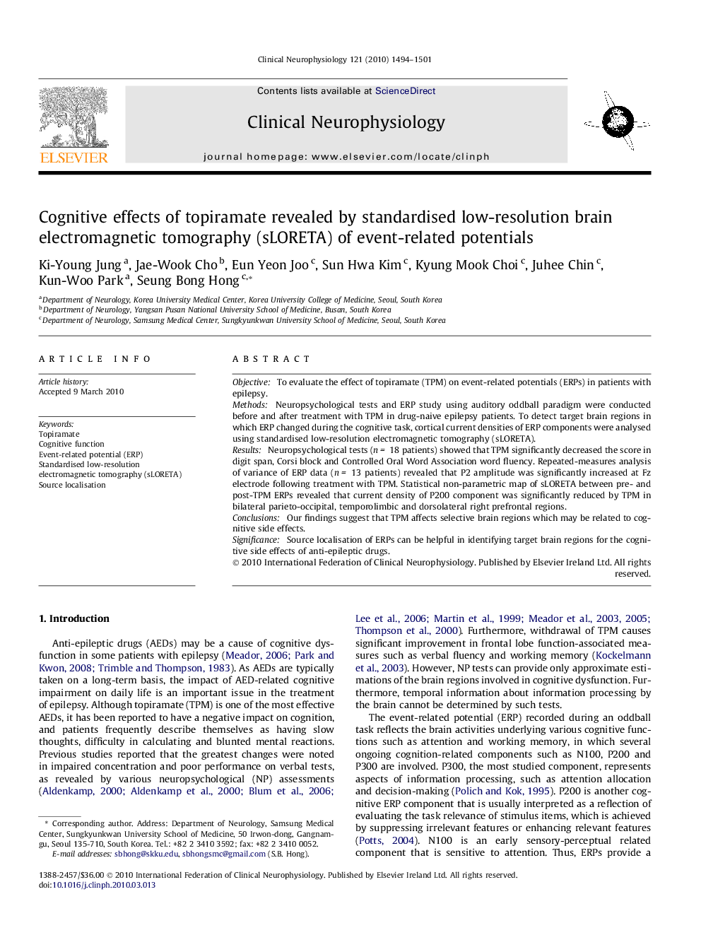 Cognitive effects of topiramate revealed by standardised low-resolution brain electromagnetic tomography (sLORETA) of event-related potentials