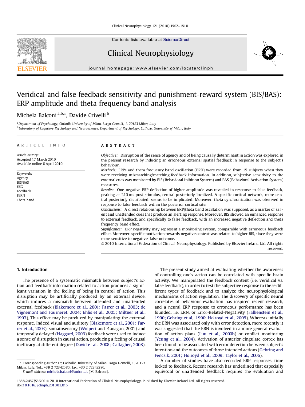 Veridical and false feedback sensitivity and punishment-reward system (BIS/BAS): ERP amplitude and theta frequency band analysis