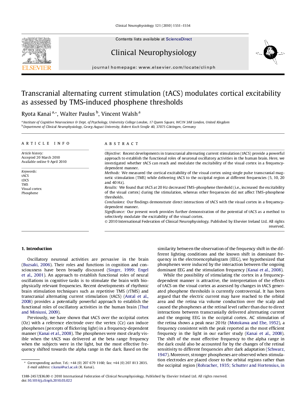 Transcranial alternating current stimulation (tACS) modulates cortical excitability as assessed by TMS-induced phosphene thresholds