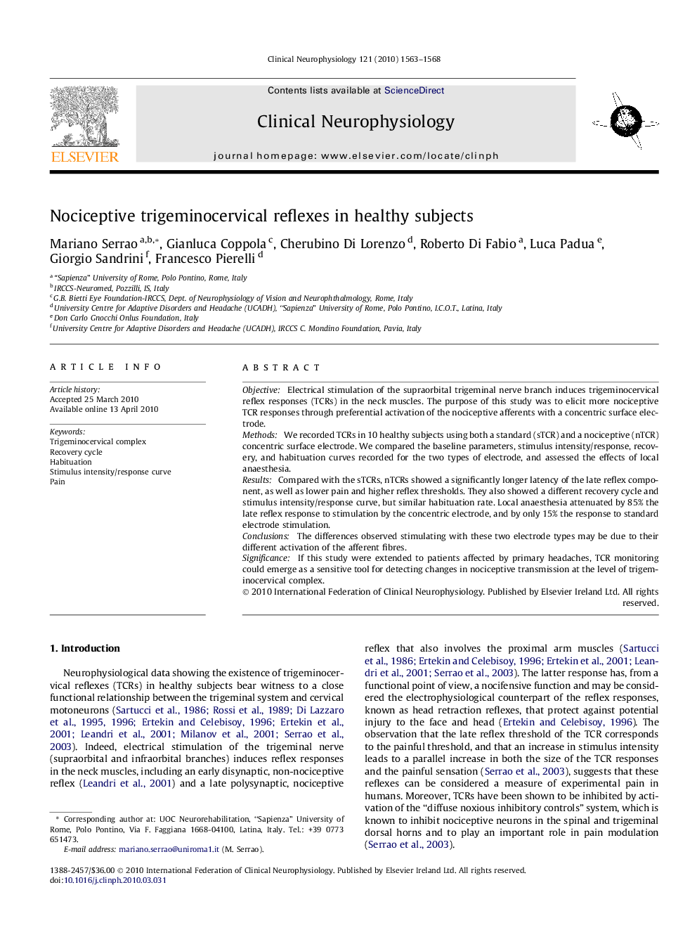 Nociceptive trigeminocervical reflexes in healthy subjects