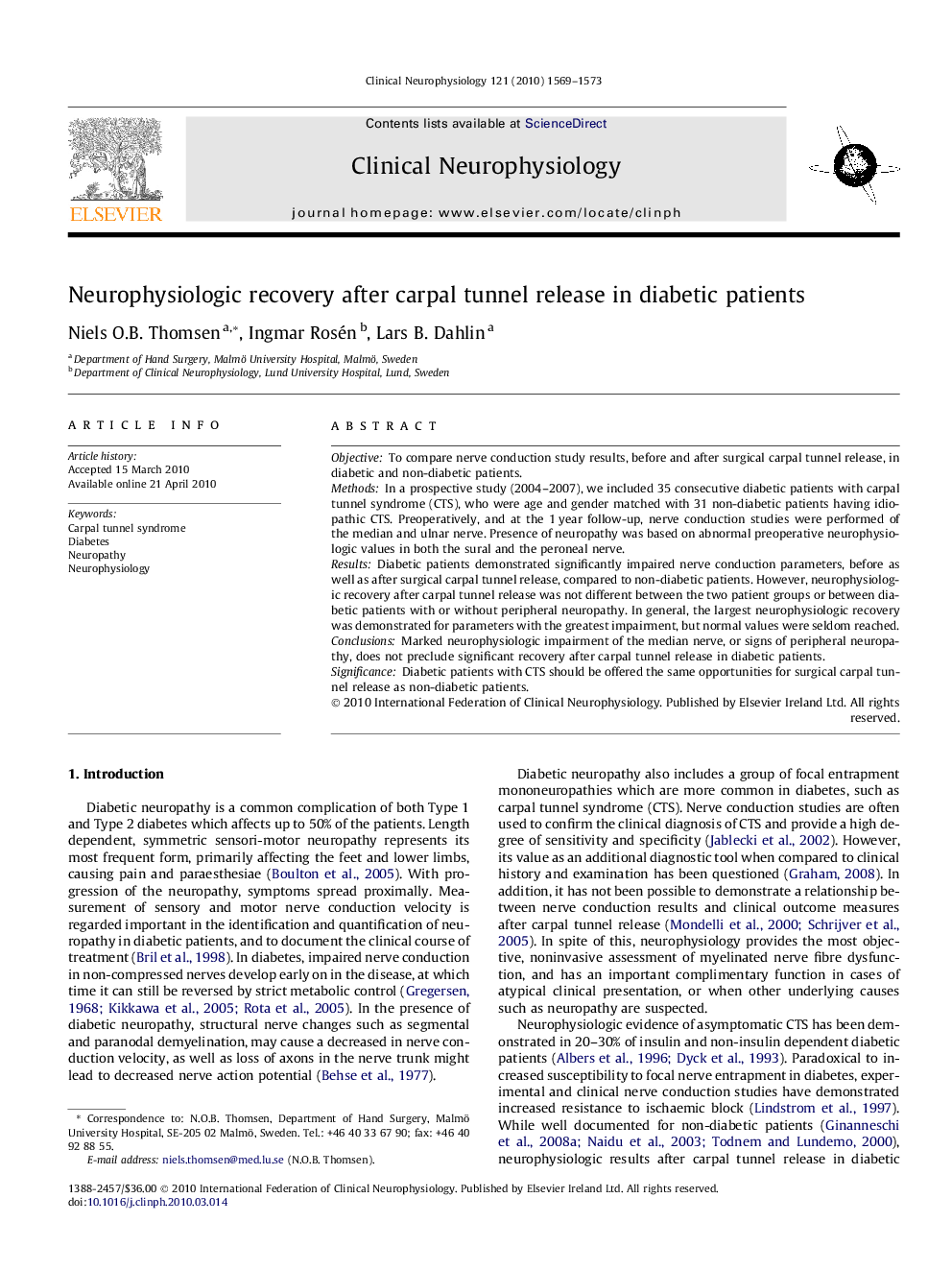 Neurophysiologic recovery after carpal tunnel release in diabetic patients