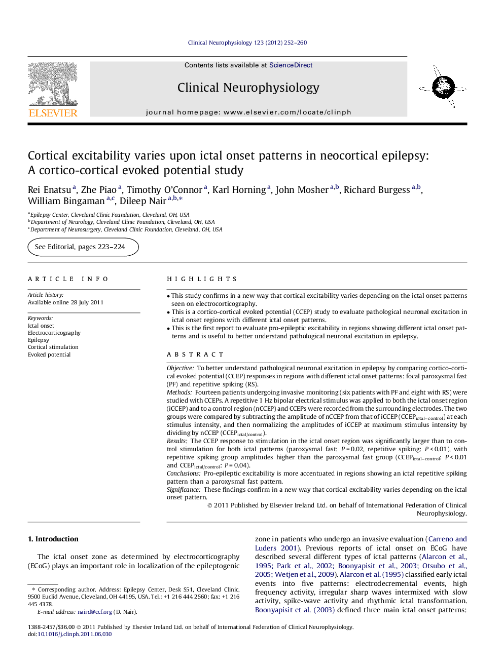 Cortical excitability varies upon ictal onset patterns in neocortical epilepsy: A cortico-cortical evoked potential study