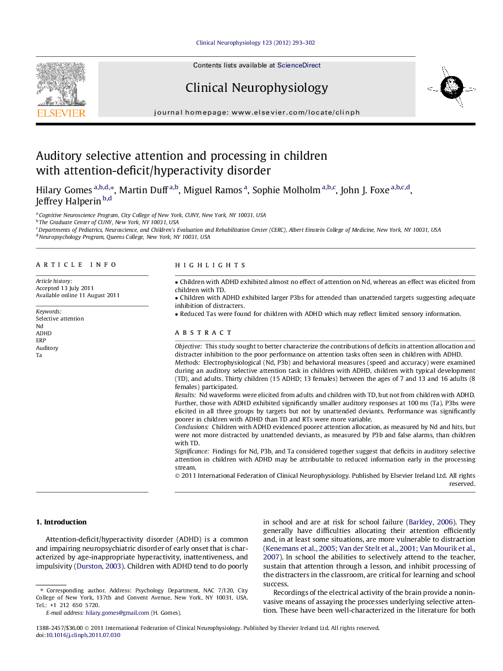 Auditory selective attention and processing in children with attention-deficit/hyperactivity disorder