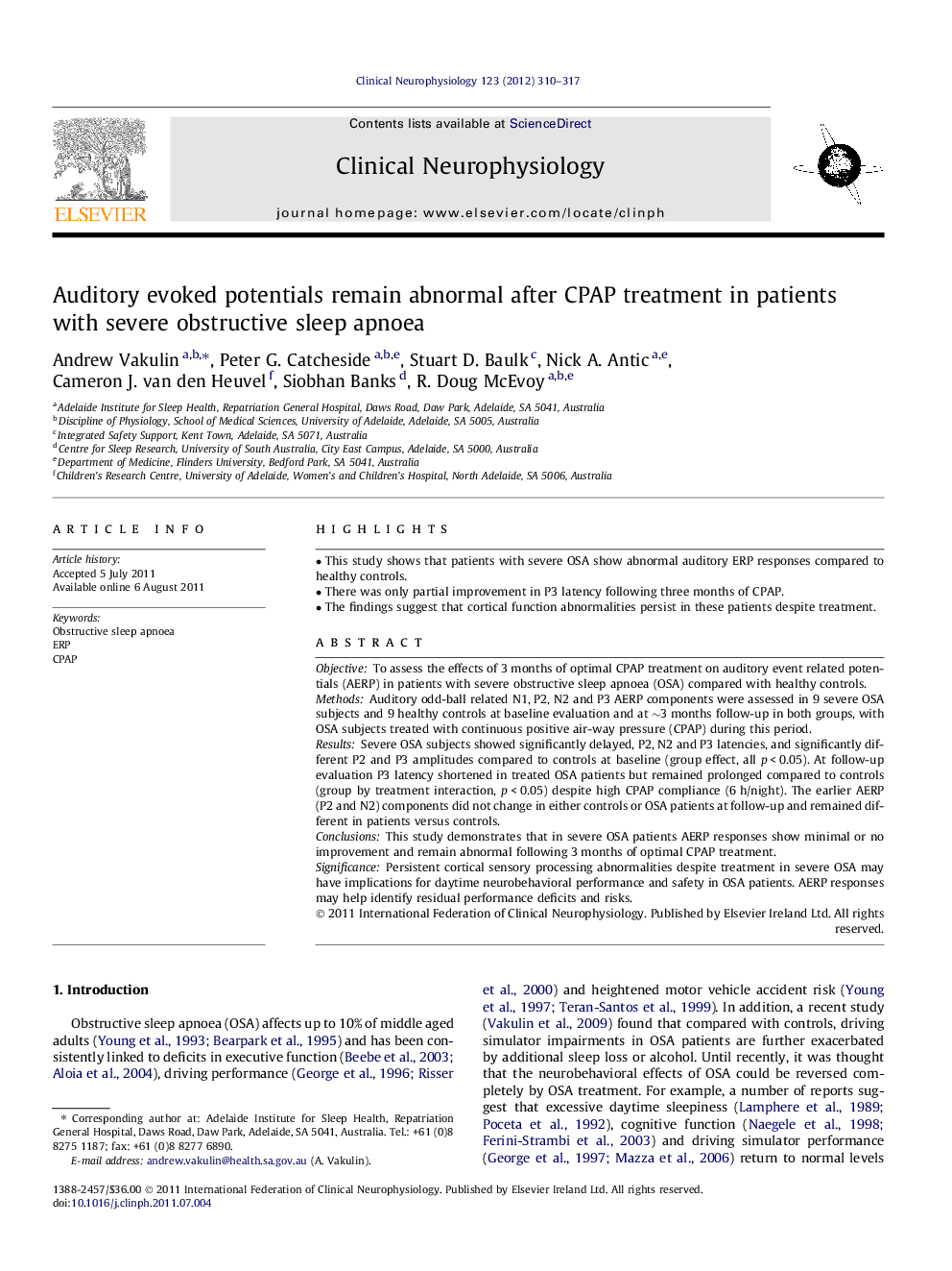 Auditory evoked potentials remain abnormal after CPAP treatment in patients with severe obstructive sleep apnoea