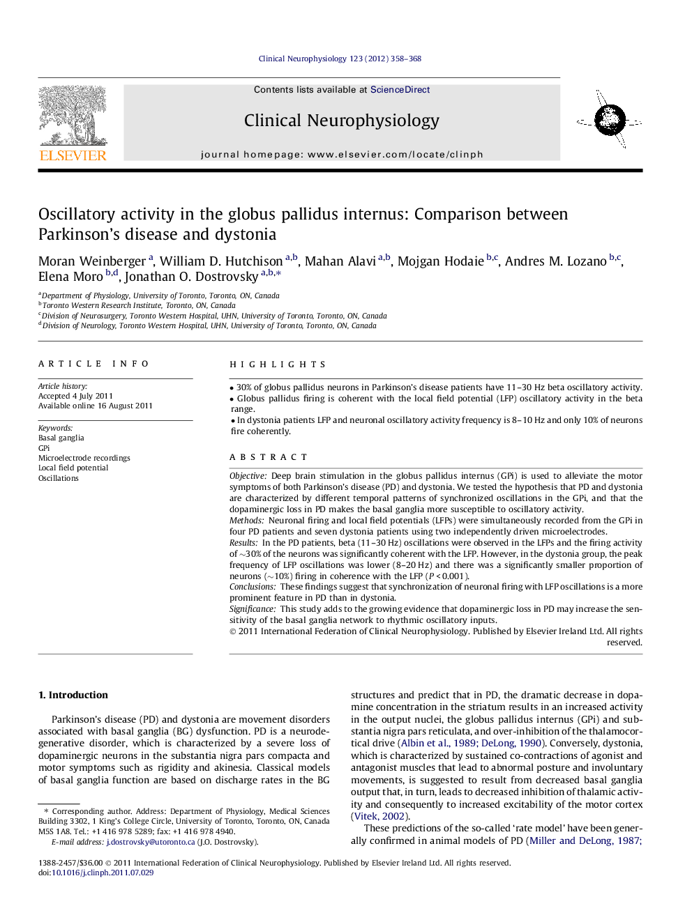 Oscillatory activity in the globus pallidus internus: Comparison between Parkinson’s disease and dystonia