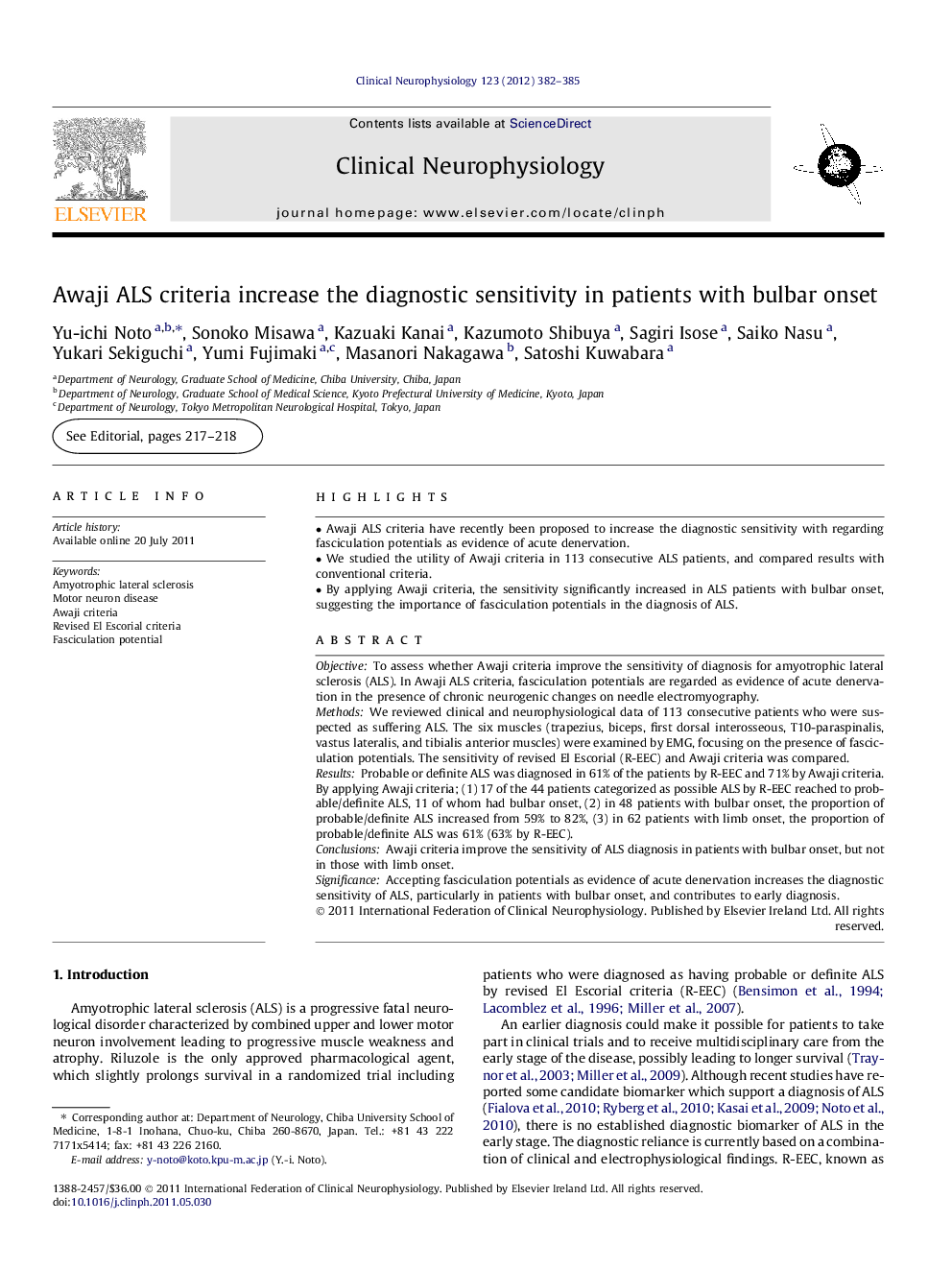 Awaji ALS criteria increase the diagnostic sensitivity in patients with bulbar onset