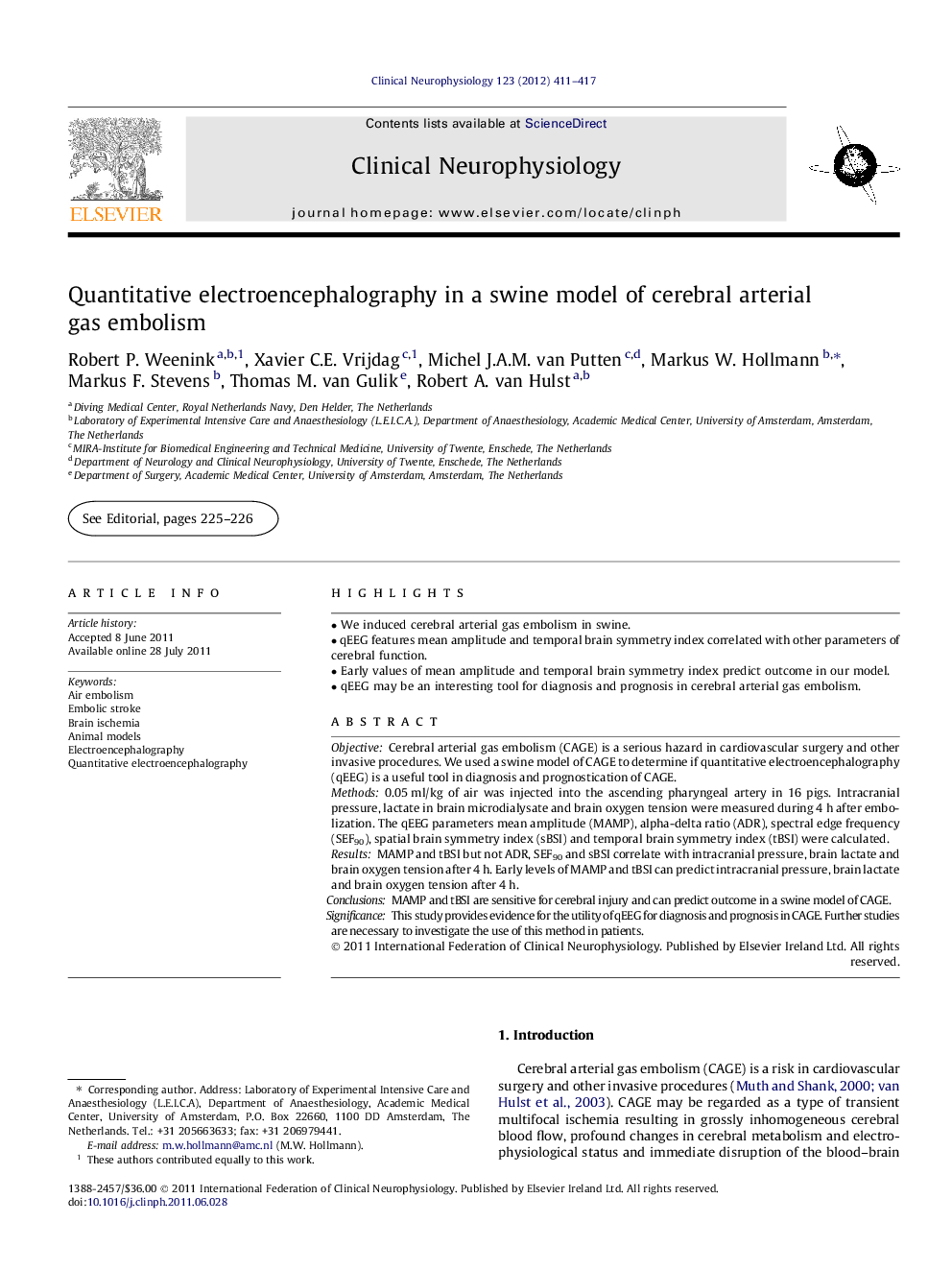 Quantitative electroencephalography in a swine model of cerebral arterial gas embolism