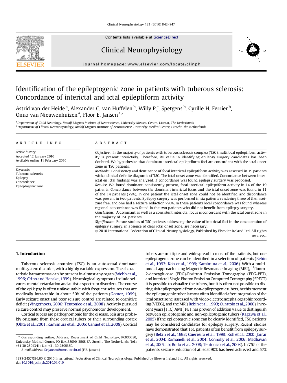 Identification of the epileptogenic zone in patients with tuberous sclerosis: Concordance of interictal and ictal epileptiform activity