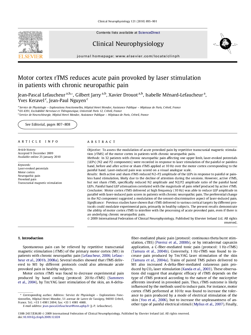 Motor cortex rTMS reduces acute pain provoked by laser stimulation in patients with chronic neuropathic pain