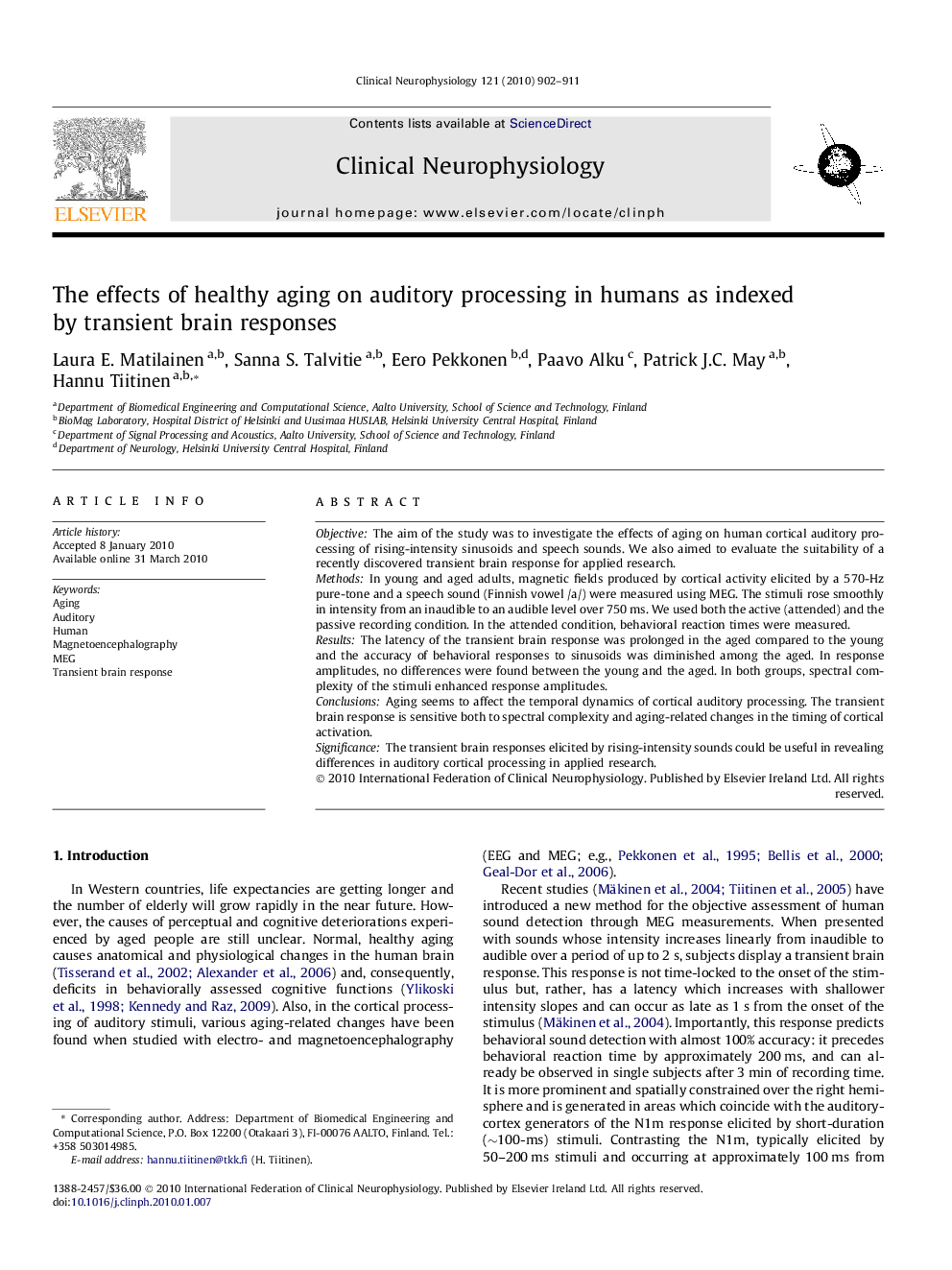 The effects of healthy aging on auditory processing in humans as indexed by transient brain responses