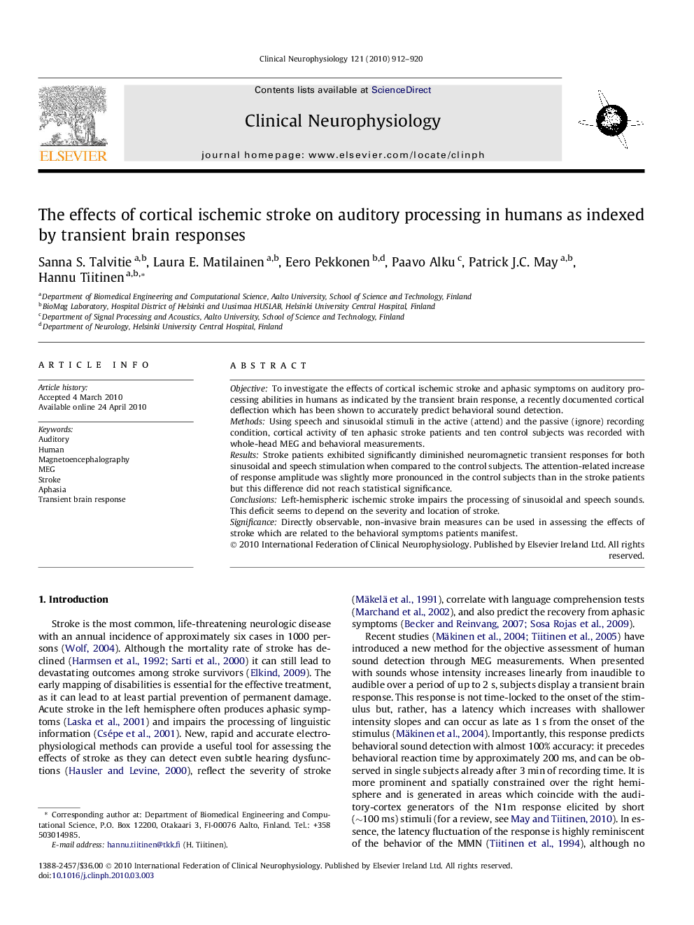 The effects of cortical ischemic stroke on auditory processing in humans as indexed by transient brain responses