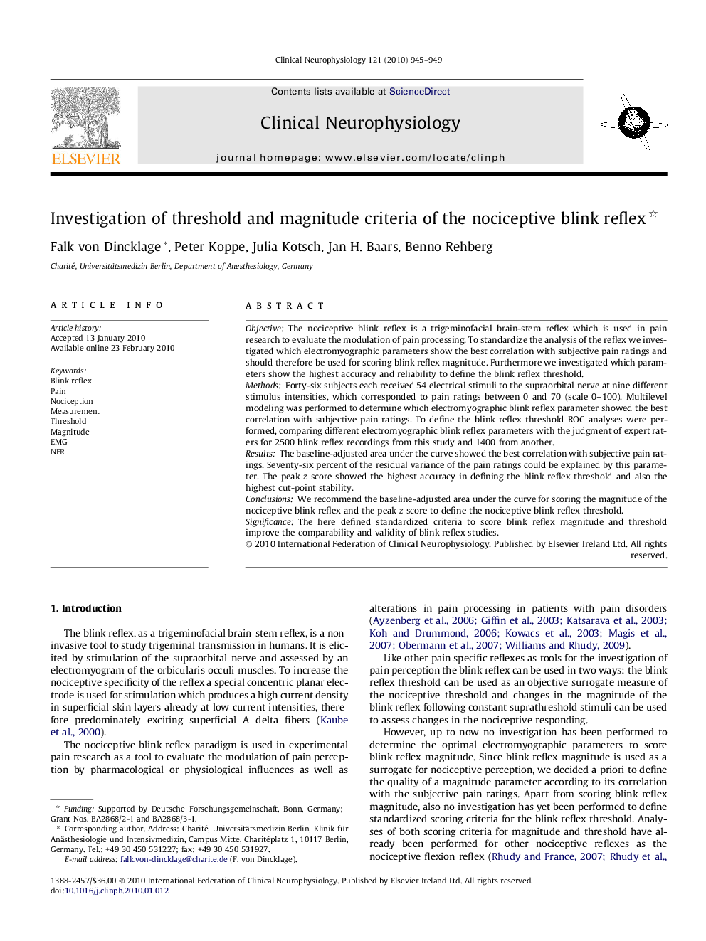 Investigation of threshold and magnitude criteria of the nociceptive blink reflex 