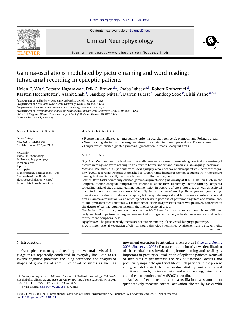 Gamma-oscillations modulated by picture naming and word reading: Intracranial recording in epileptic patients