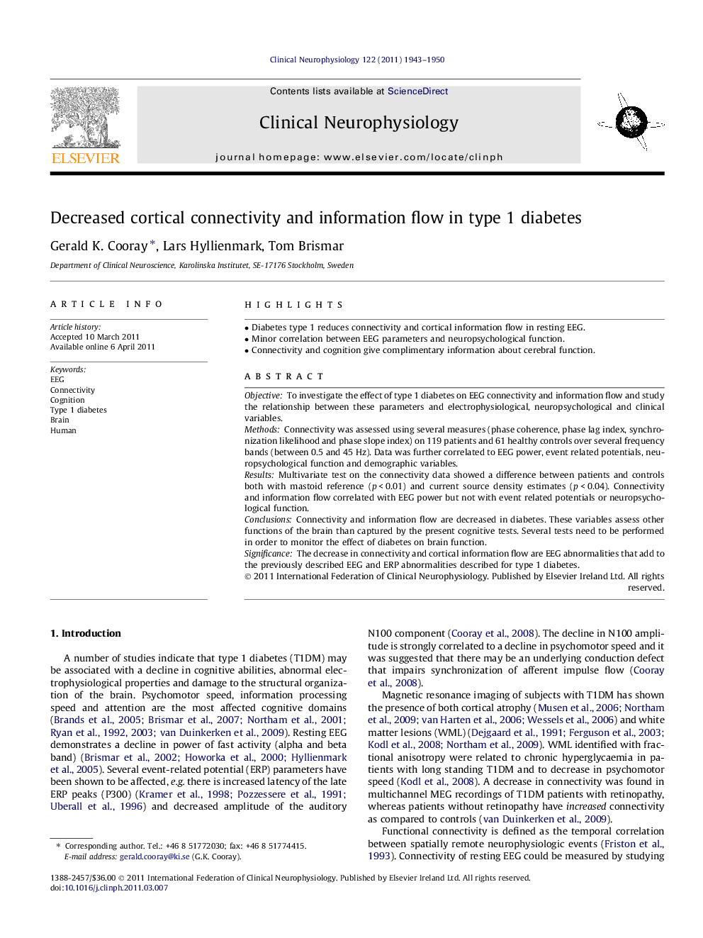 Decreased cortical connectivity and information flow in type 1 diabetes