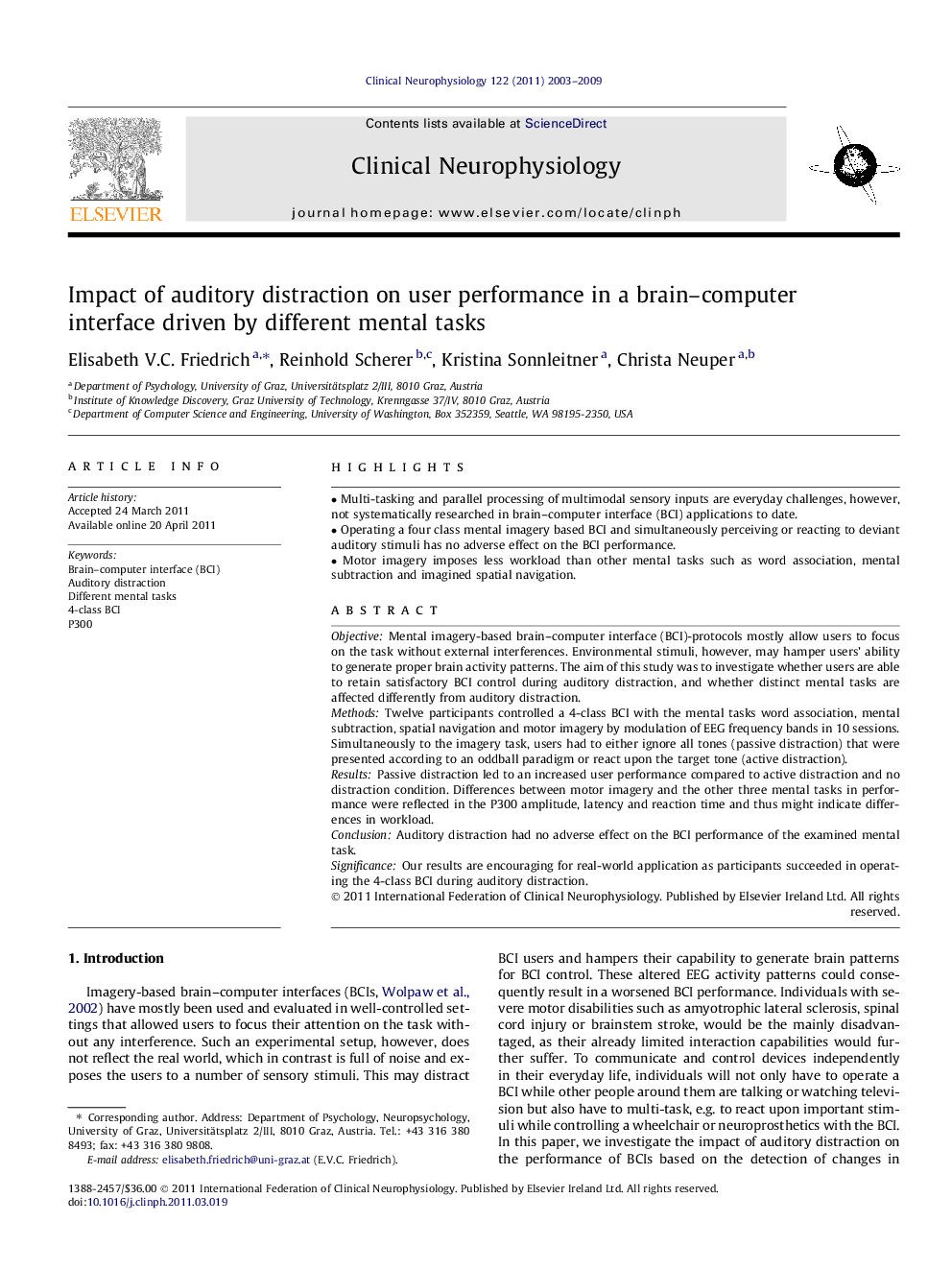 Impact of auditory distraction on user performance in a brain–computer interface driven by different mental tasks