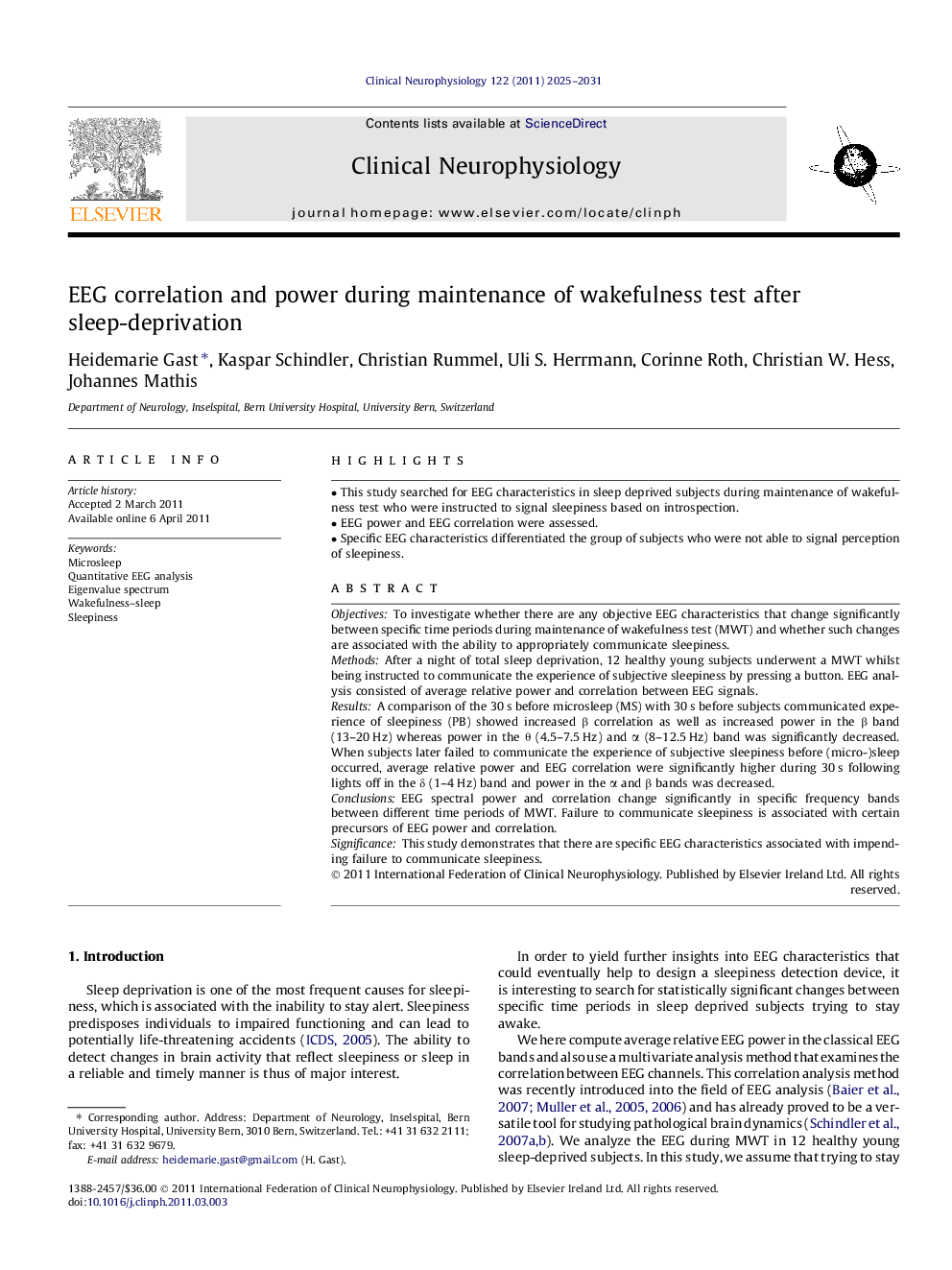 EEG correlation and power during maintenance of wakefulness test after sleep-deprivation