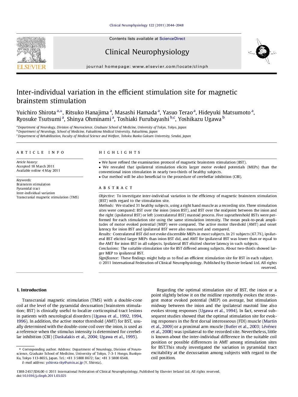 Inter-individual variation in the efficient stimulation site for magnetic brainstem stimulation