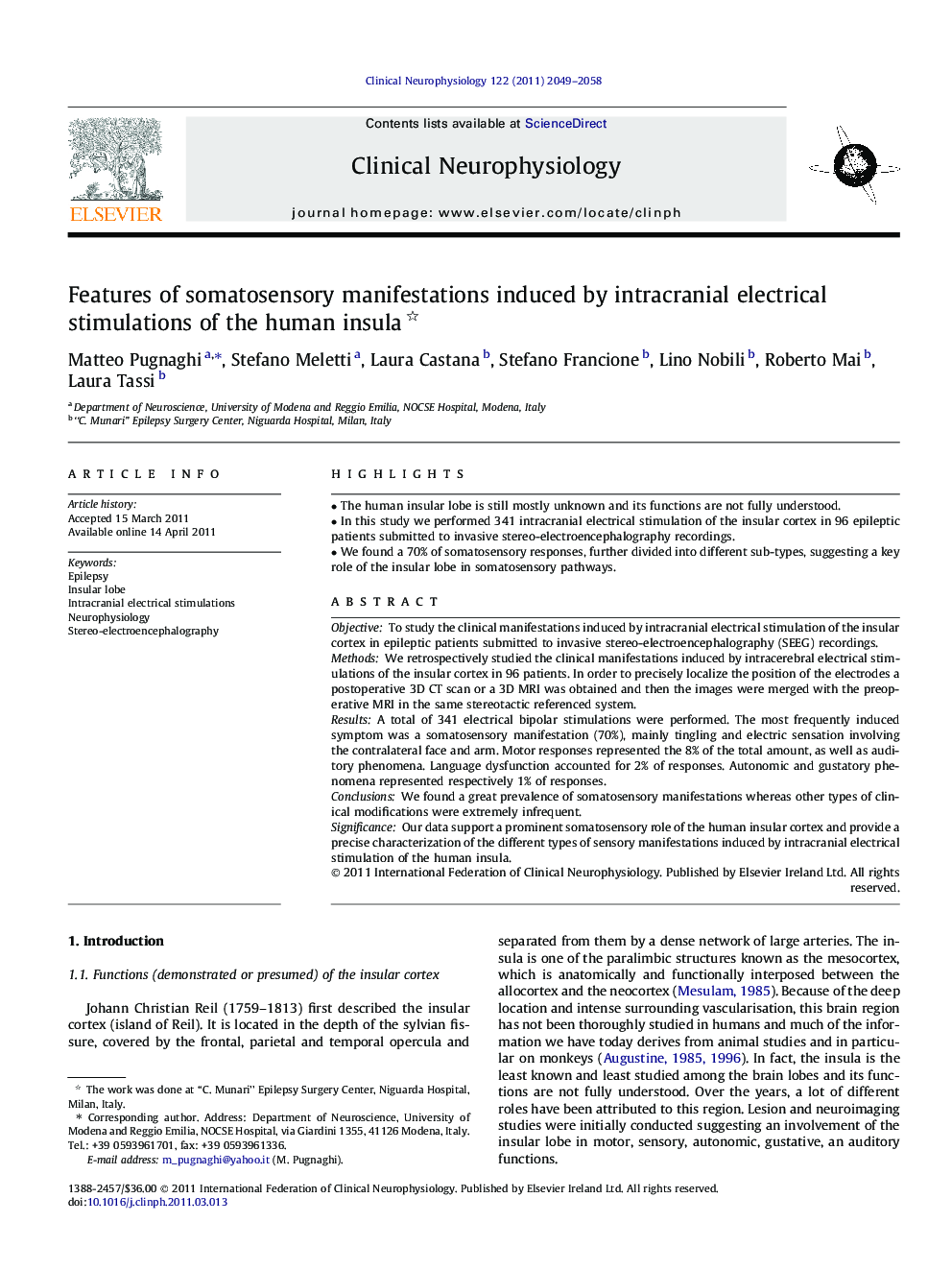 Features of somatosensory manifestations induced by intracranial electrical stimulations of the human insula 