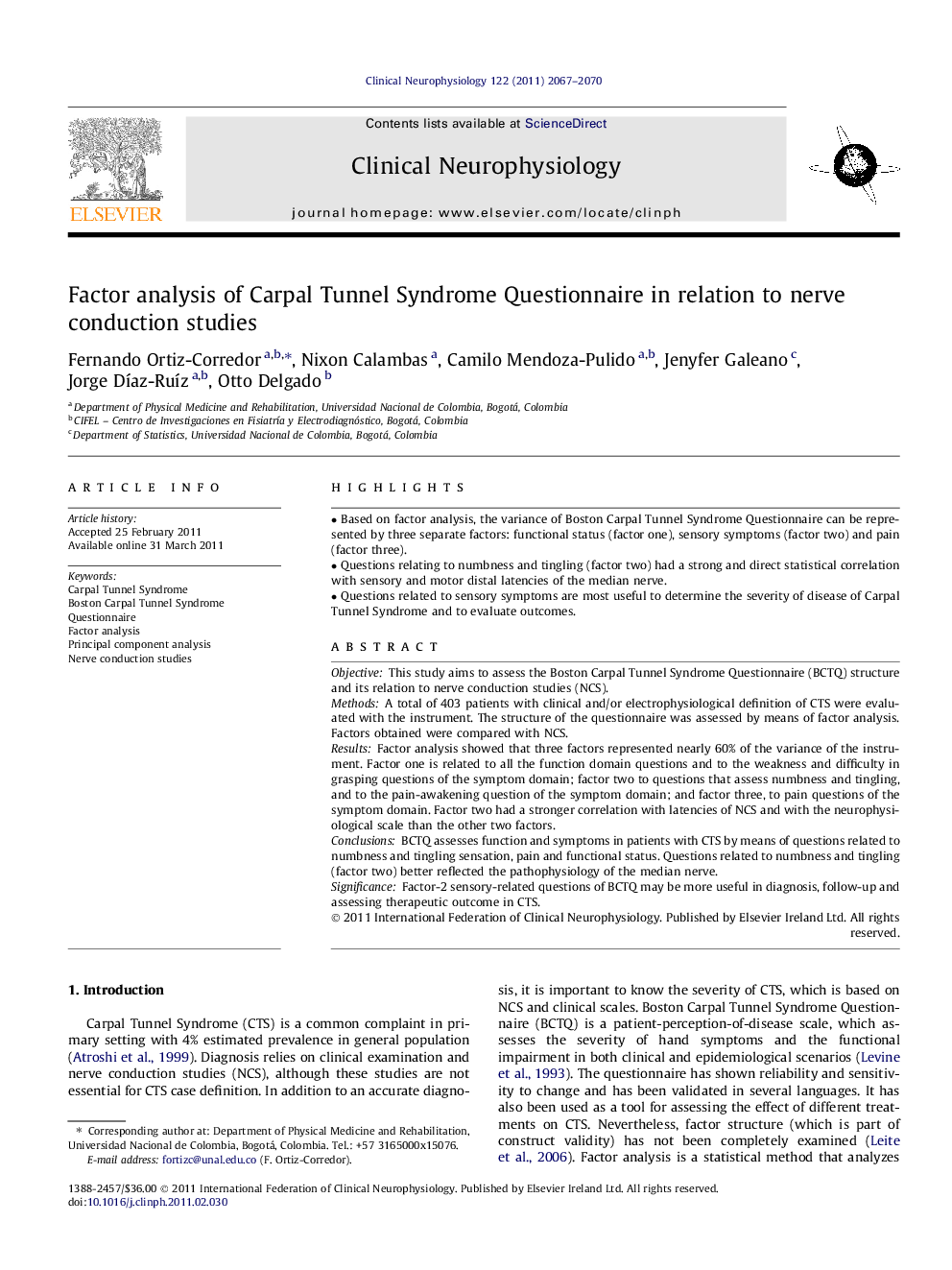 Factor analysis of Carpal Tunnel Syndrome Questionnaire in relation to nerve conduction studies