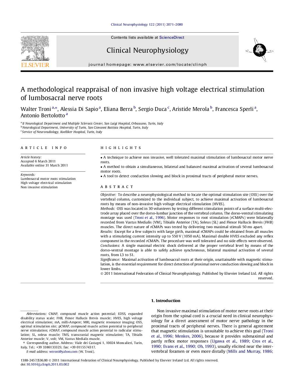 A methodological reappraisal of non invasive high voltage electrical stimulation of lumbosacral nerve roots