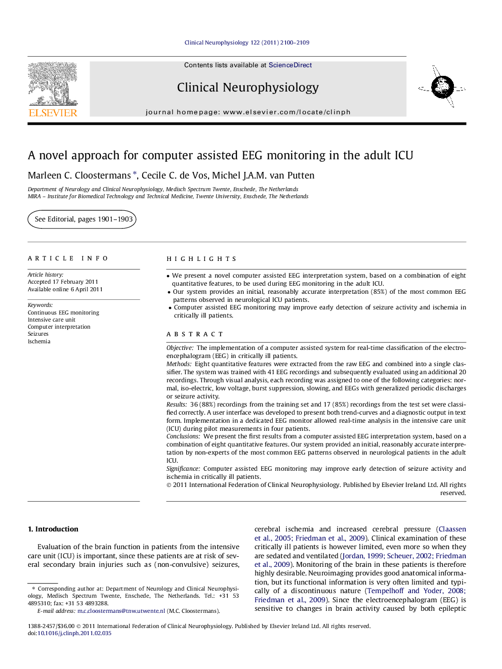 A novel approach for computer assisted EEG monitoring in the adult ICU