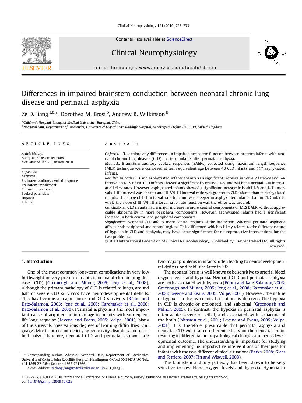 Differences in impaired brainstem conduction between neonatal chronic lung disease and perinatal asphyxia