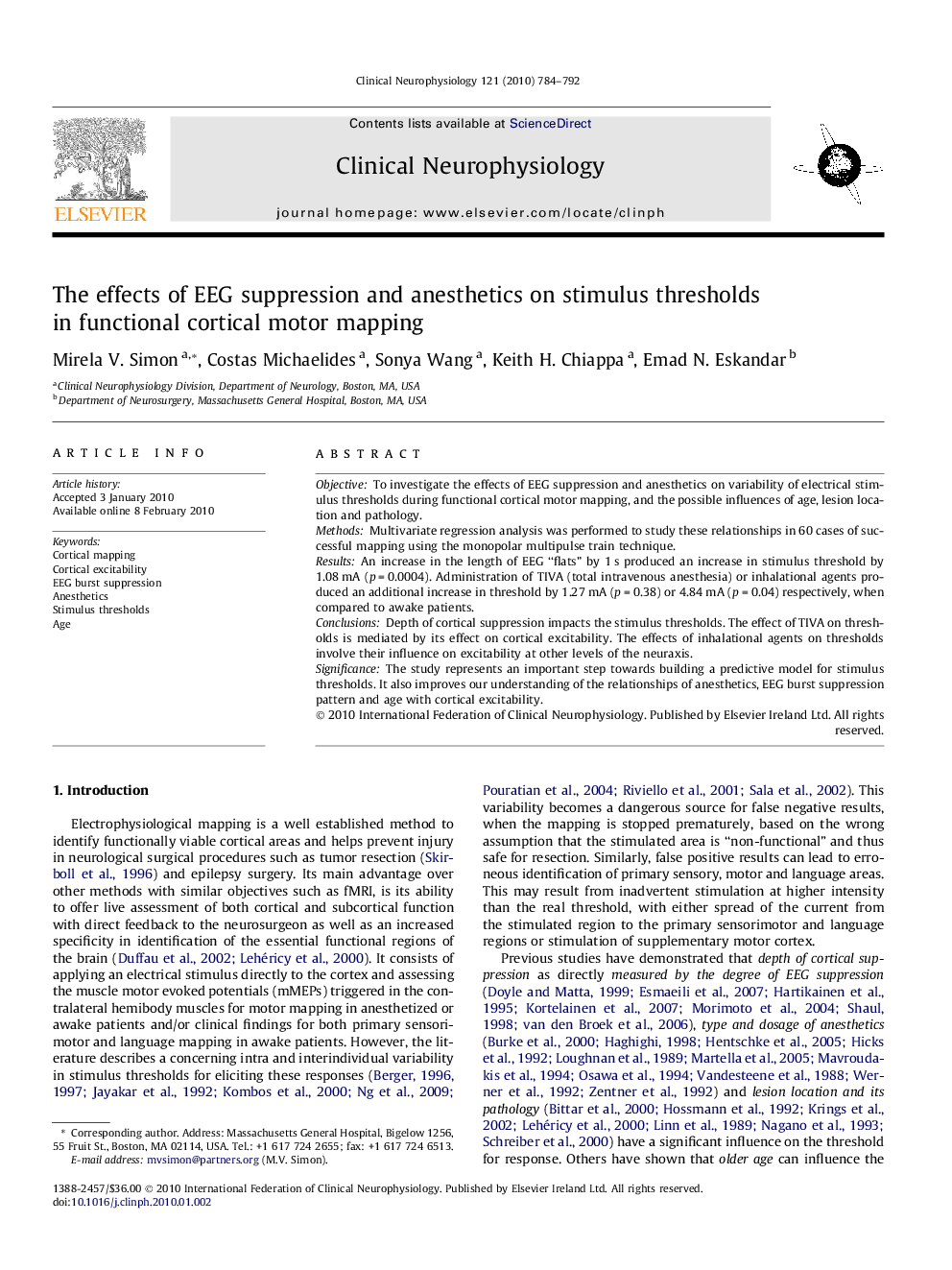 The effects of EEG suppression and anesthetics on stimulus thresholds in functional cortical motor mapping