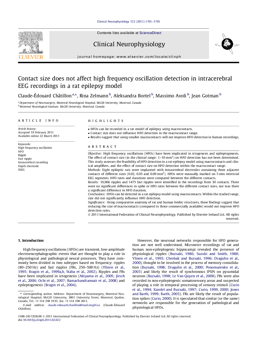 Contact size does not affect high frequency oscillation detection in intracerebral EEG recordings in a rat epilepsy model