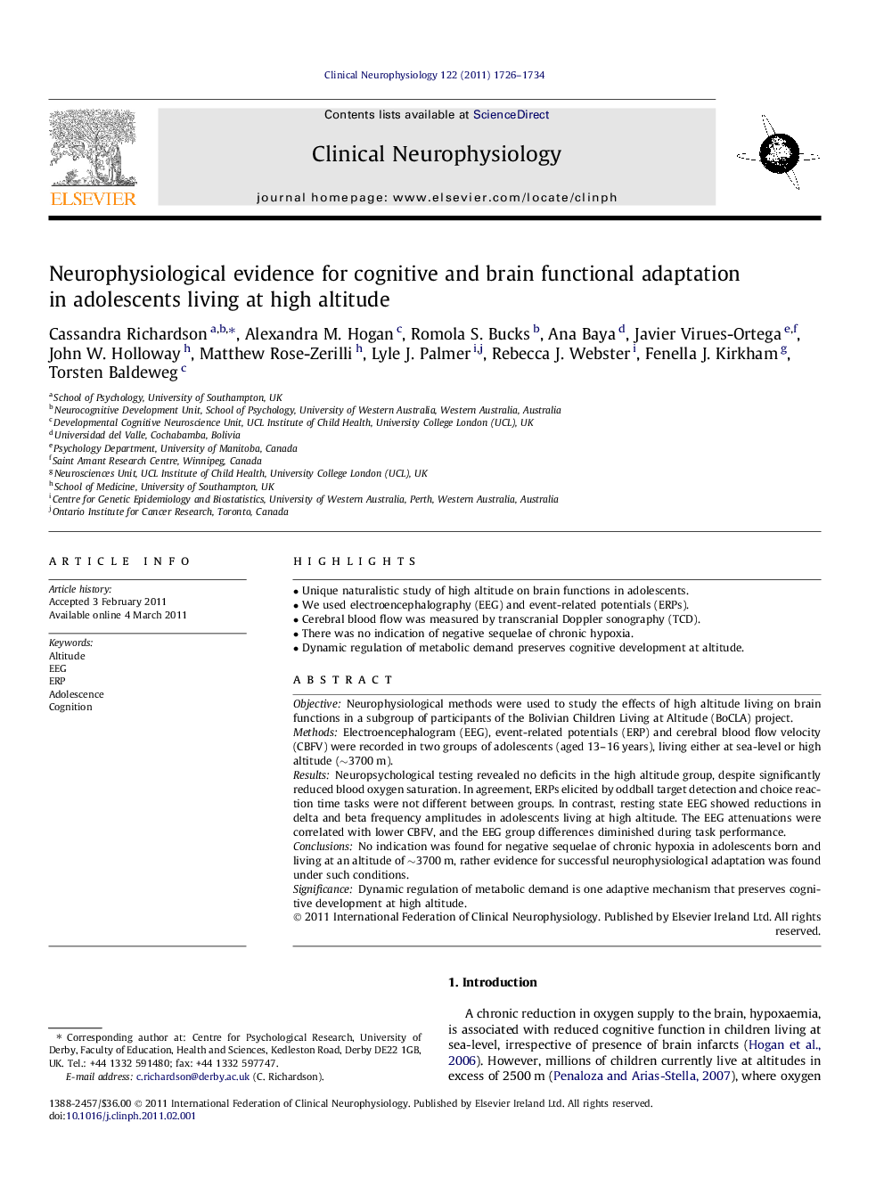 Neurophysiological evidence for cognitive and brain functional adaptation in adolescents living at high altitude