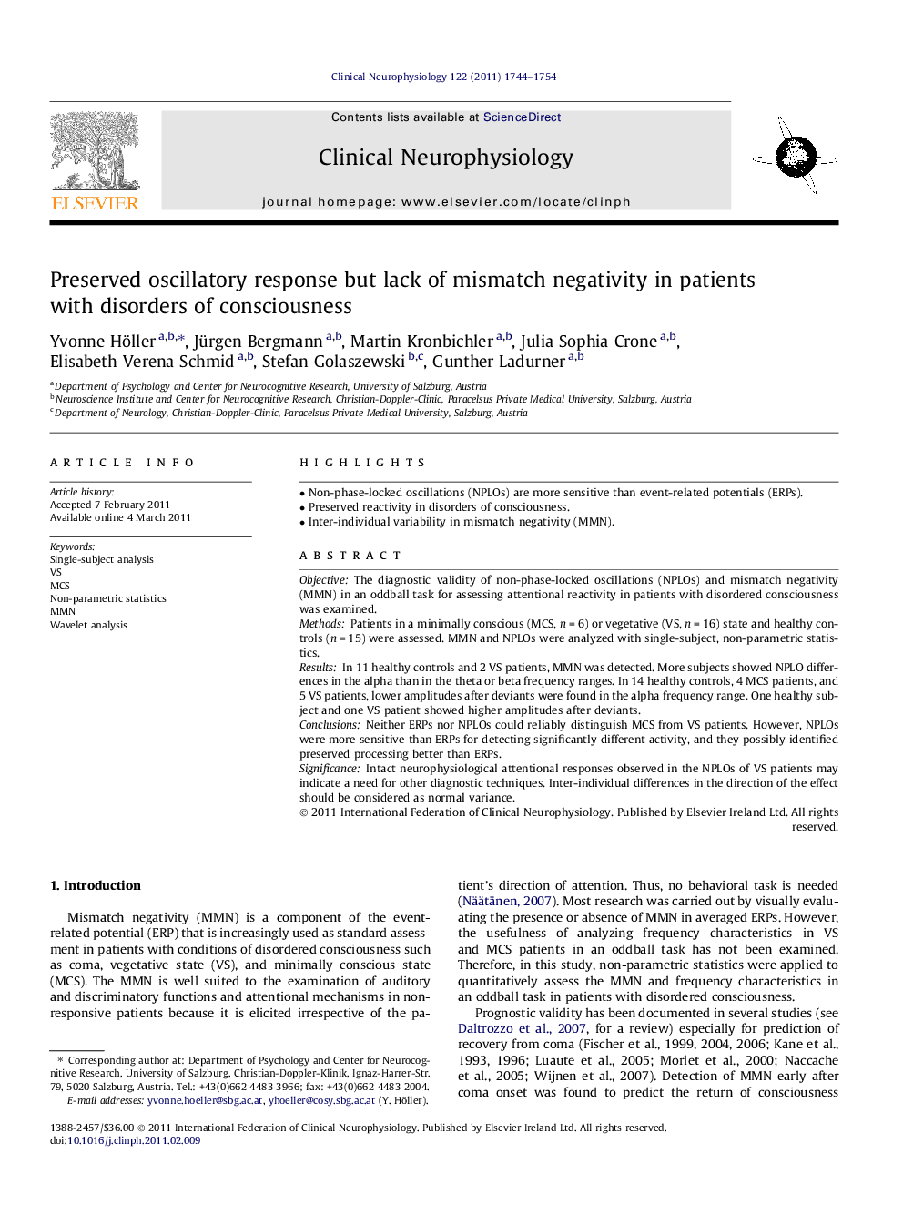 Preserved oscillatory response but lack of mismatch negativity in patients with disorders of consciousness