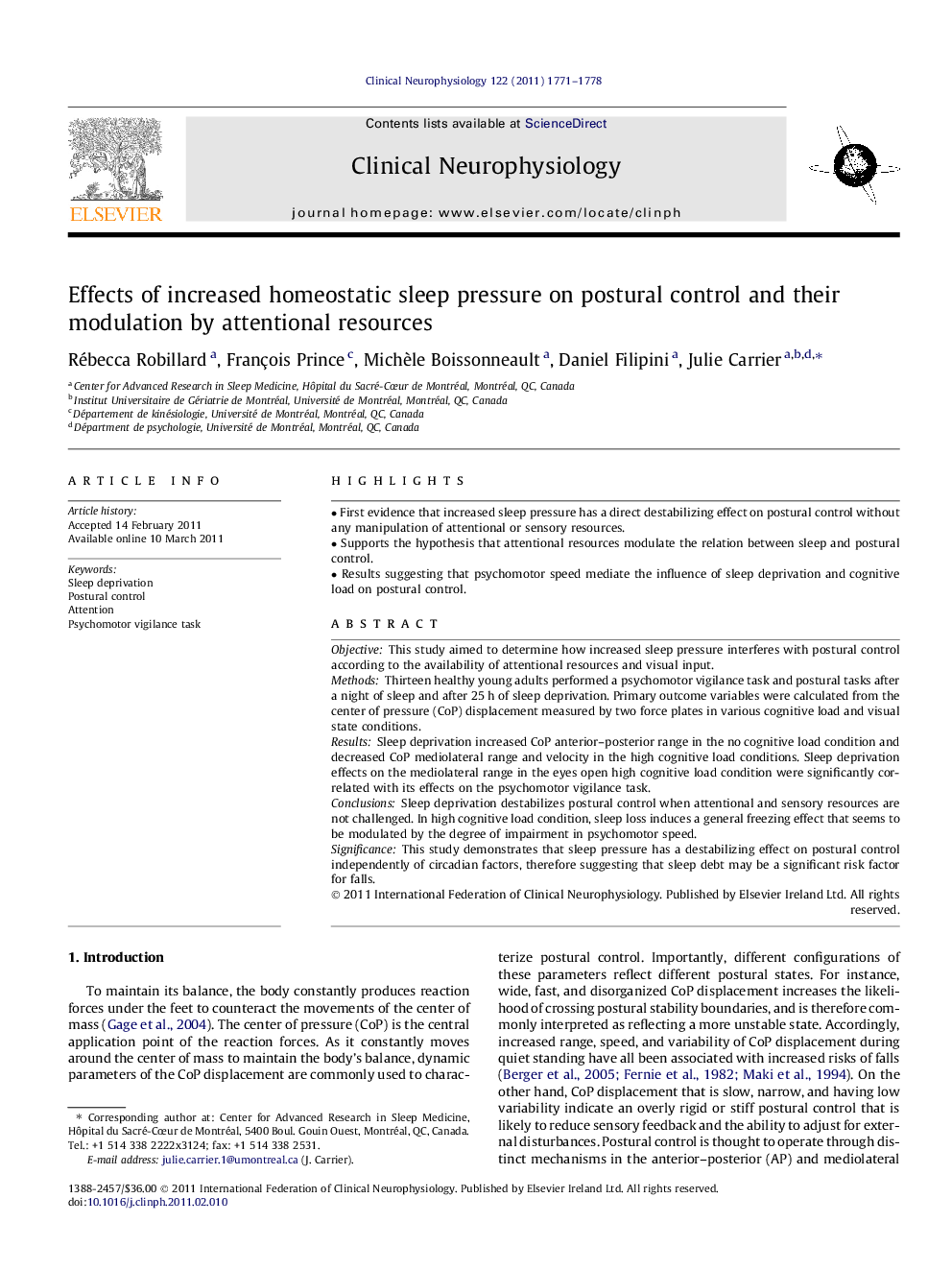 Effects of increased homeostatic sleep pressure on postural control and their modulation by attentional resources