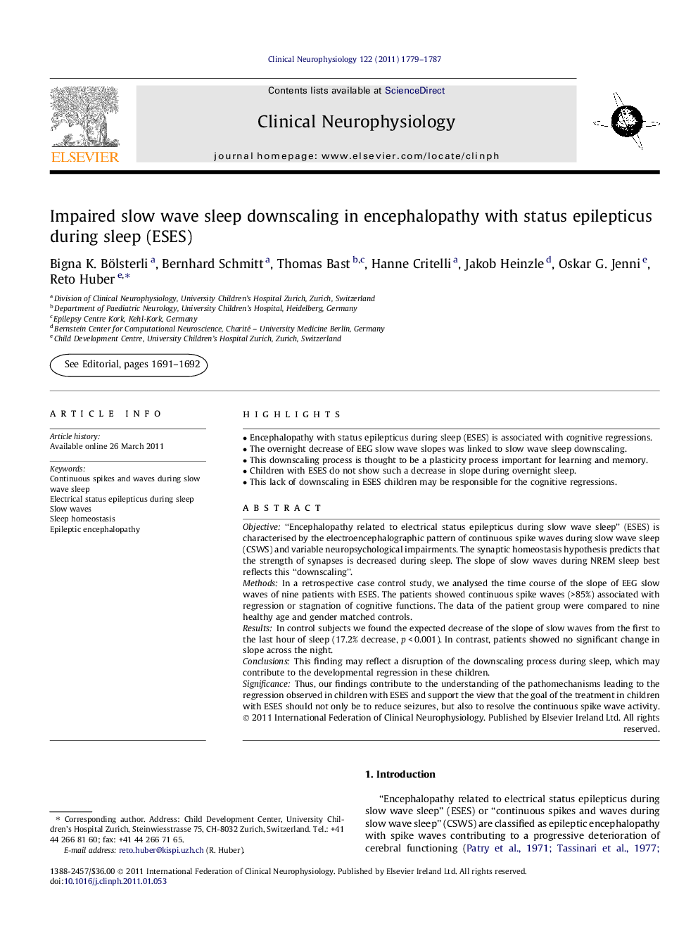 Impaired slow wave sleep downscaling in encephalopathy with status epilepticus during sleep (ESES)