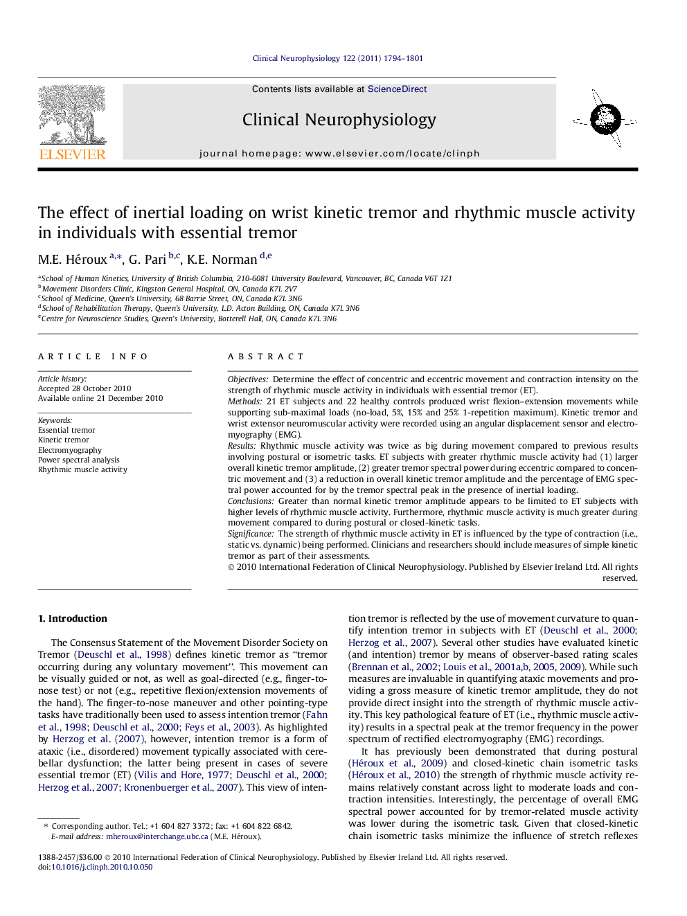 The effect of inertial loading on wrist kinetic tremor and rhythmic muscle activity in individuals with essential tremor