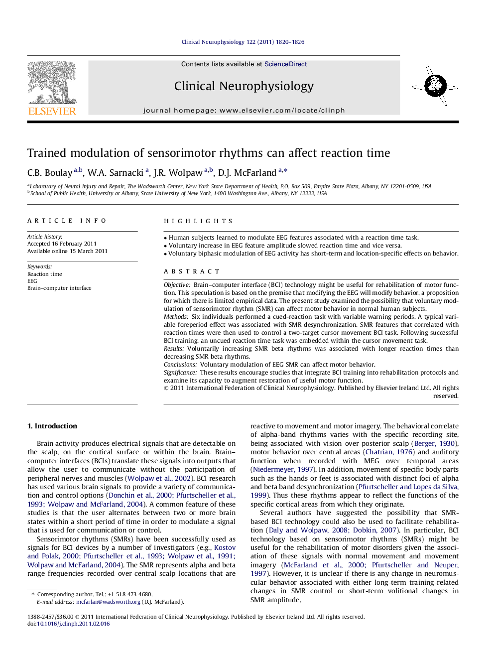 Trained modulation of sensorimotor rhythms can affect reaction time