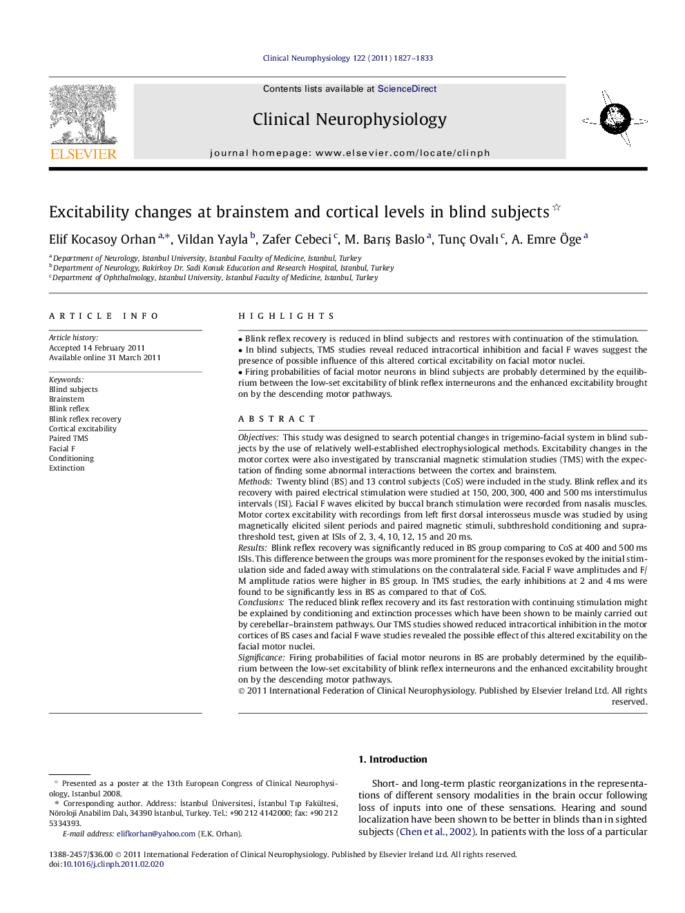 Excitability changes at brainstem and cortical levels in blind subjects 