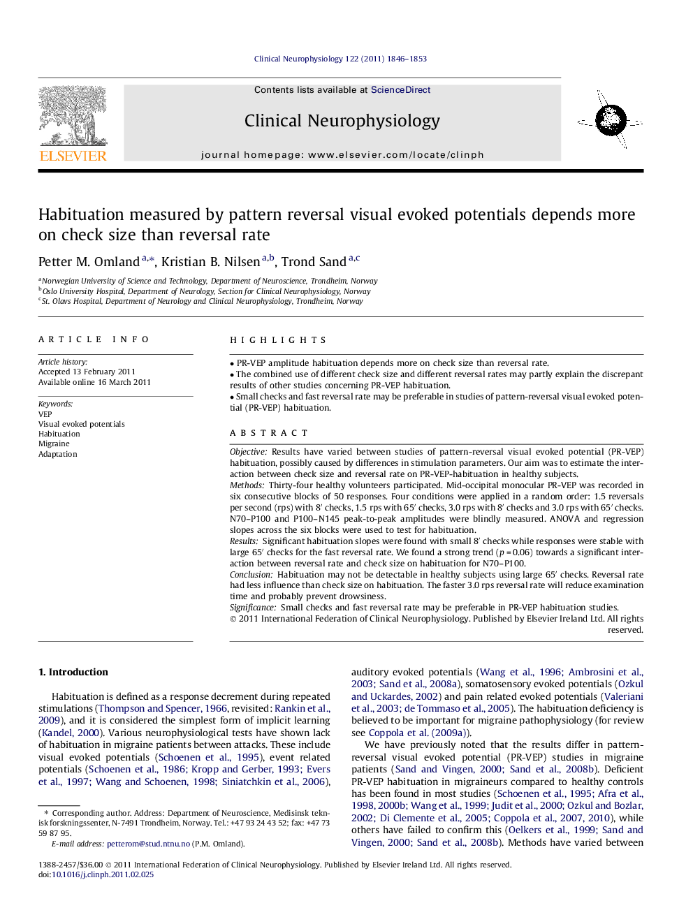 Habituation measured by pattern reversal visual evoked potentials depends more on check size than reversal rate