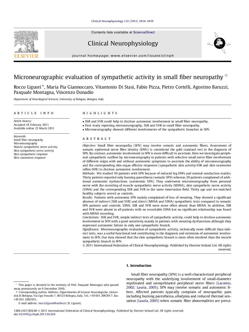 Microneurographic evaluation of sympathetic activity in small fiber neuropathy 