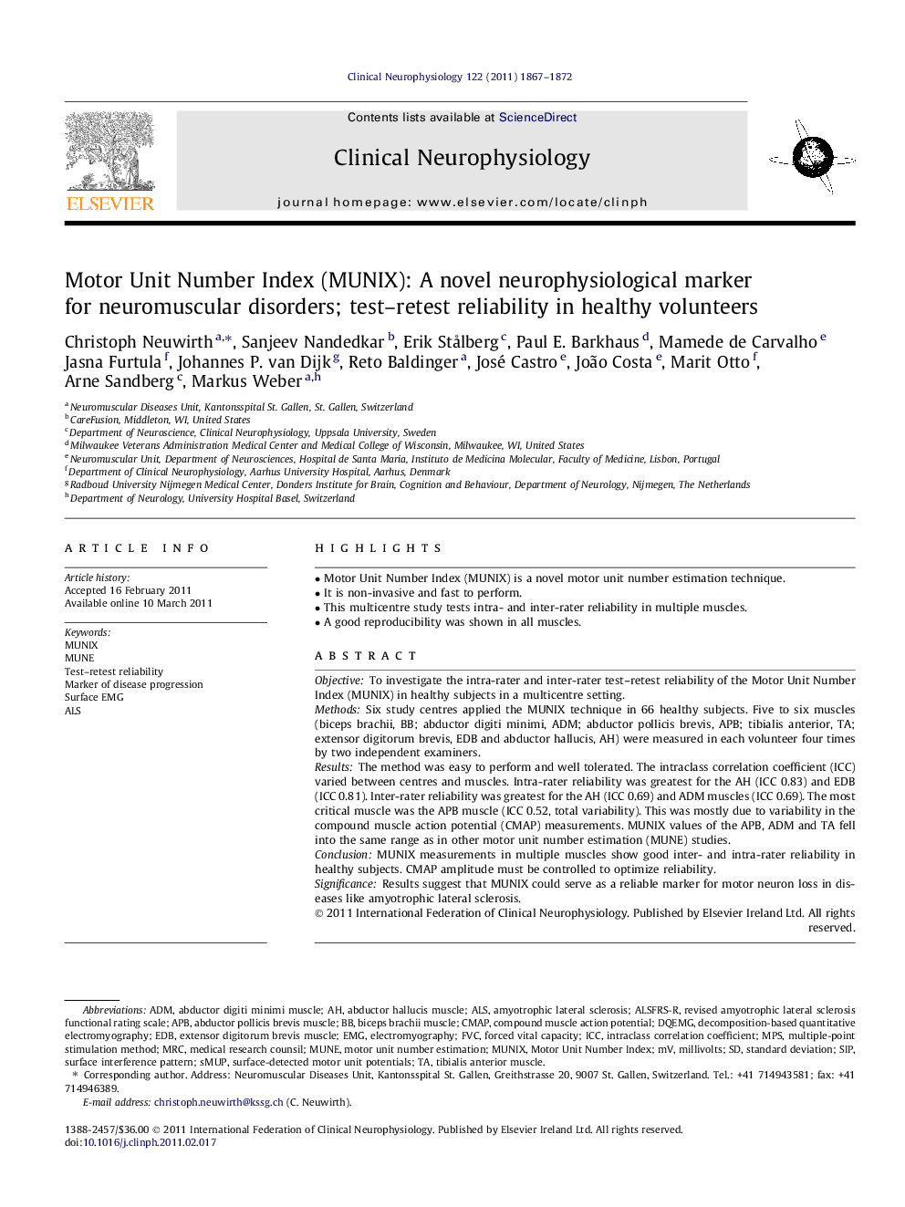 Motor Unit Number Index (MUNIX): A novel neurophysiological marker for neuromuscular disorders; test–retest reliability in healthy volunteers