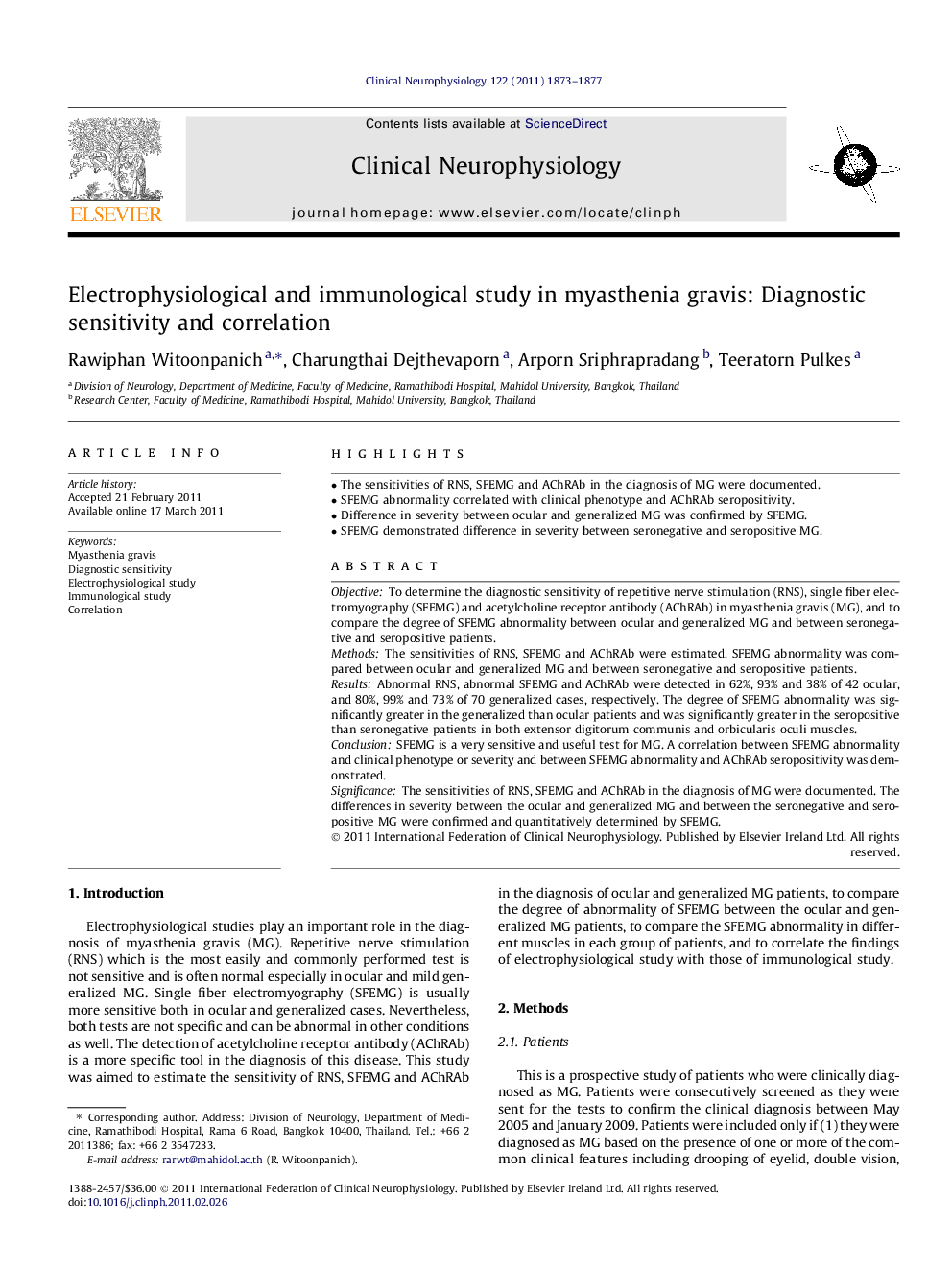 Electrophysiological and immunological study in myasthenia gravis: Diagnostic sensitivity and correlation