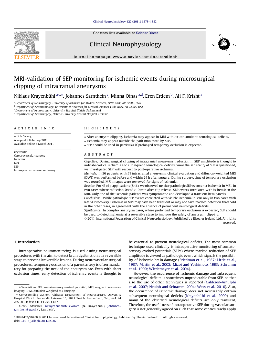 MRI-validation of SEP monitoring for ischemic events during microsurgical clipping of intracranial aneurysms