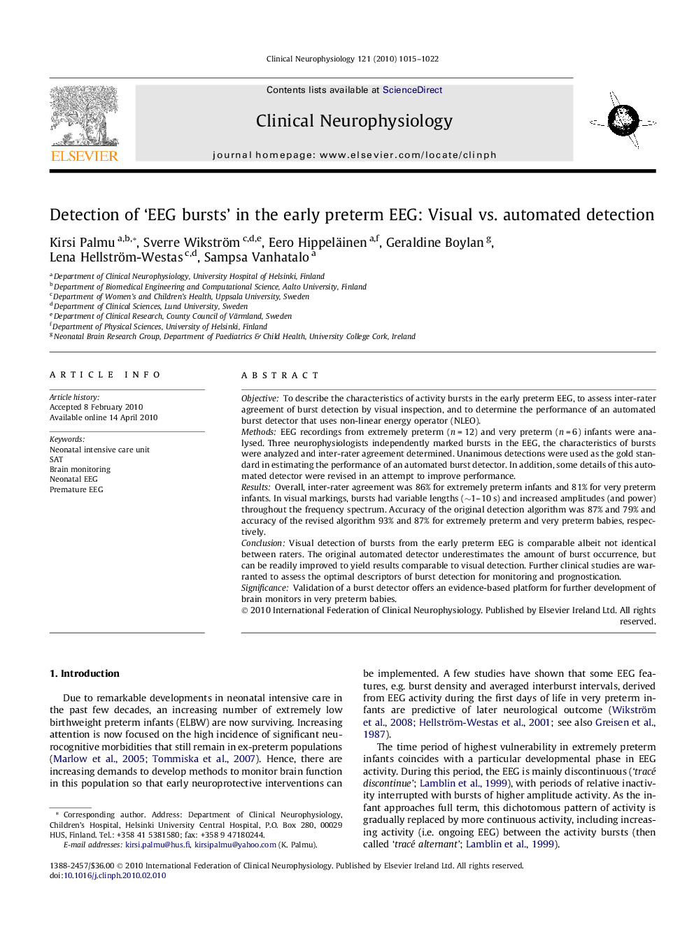 Detection of ‘EEG bursts’ in the early preterm EEG: Visual vs. automated detection