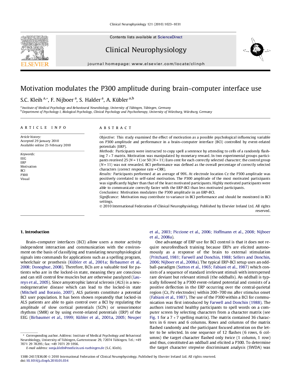 Motivation modulates the P300 amplitude during brain–computer interface use