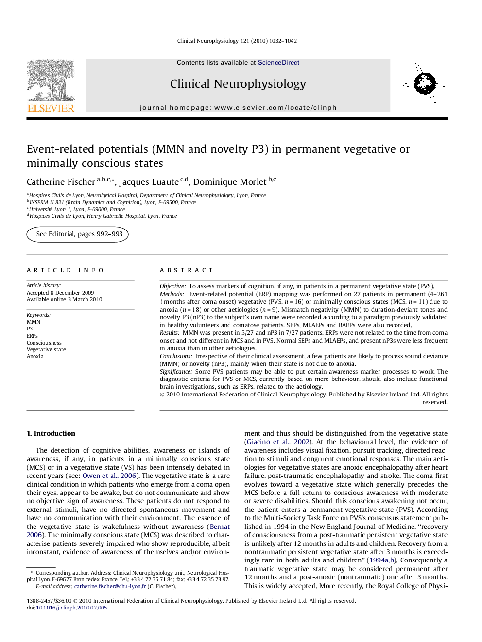 Event-related potentials (MMN and novelty P3) in permanent vegetative or minimally conscious states