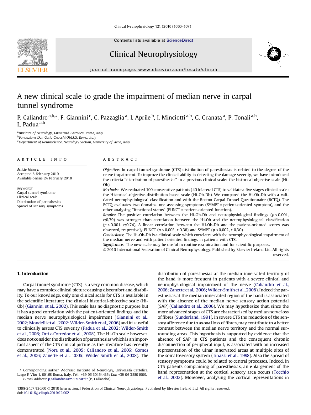 A new clinical scale to grade the impairment of median nerve in carpal tunnel syndrome