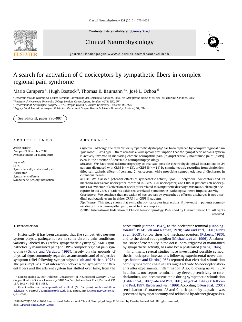 A search for activation of C nociceptors by sympathetic fibers in complex regional pain syndrome