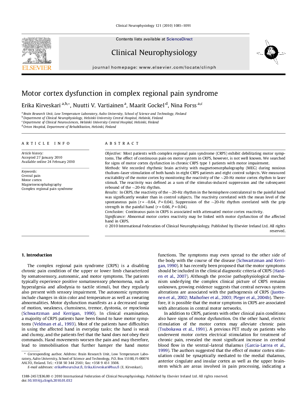 Motor cortex dysfunction in complex regional pain syndrome