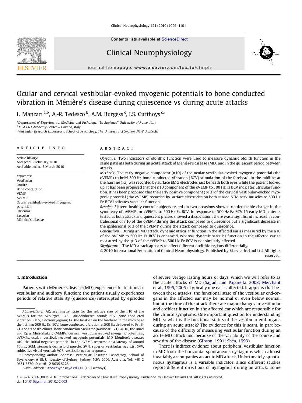 Ocular and cervical vestibular-evoked myogenic potentials to bone conducted vibration in Ménière’s disease during quiescence vs during acute attacks