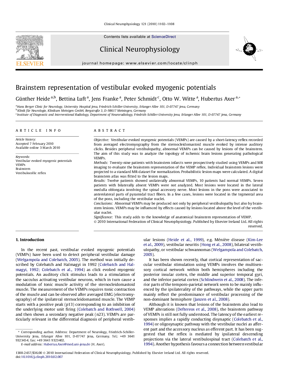 Brainstem representation of vestibular evoked myogenic potentials